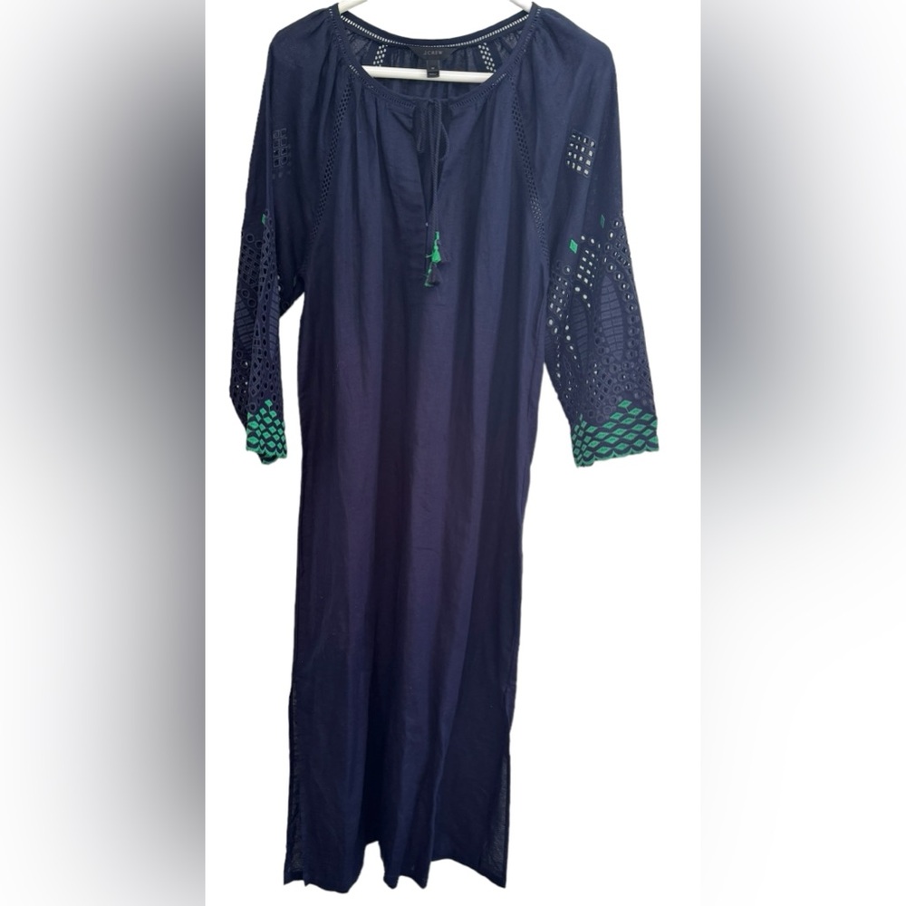 J. CREW Linen Eyelet Caftan Embroidered Beach Coverup Dress Navy Green Women Med